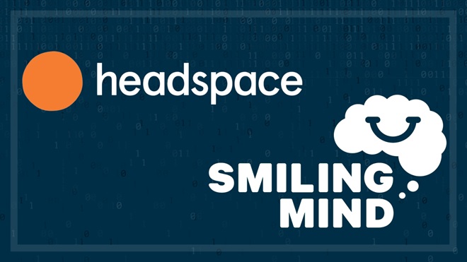 headspace and smiling mind logos with falling binary characters on navy background